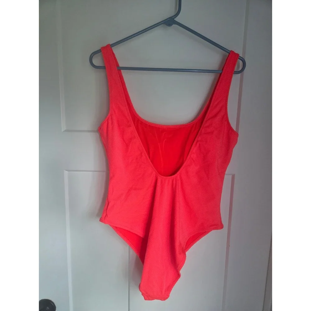 Aerie Pique‎ Scoop One Piece Swimsuit Neon Coral Pink Low Back NWT XL